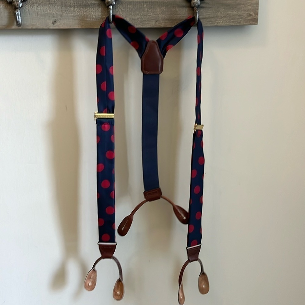 Perry Ellis Portfolio Suspenders Polka Dots Leather Fasteners Brass Clips